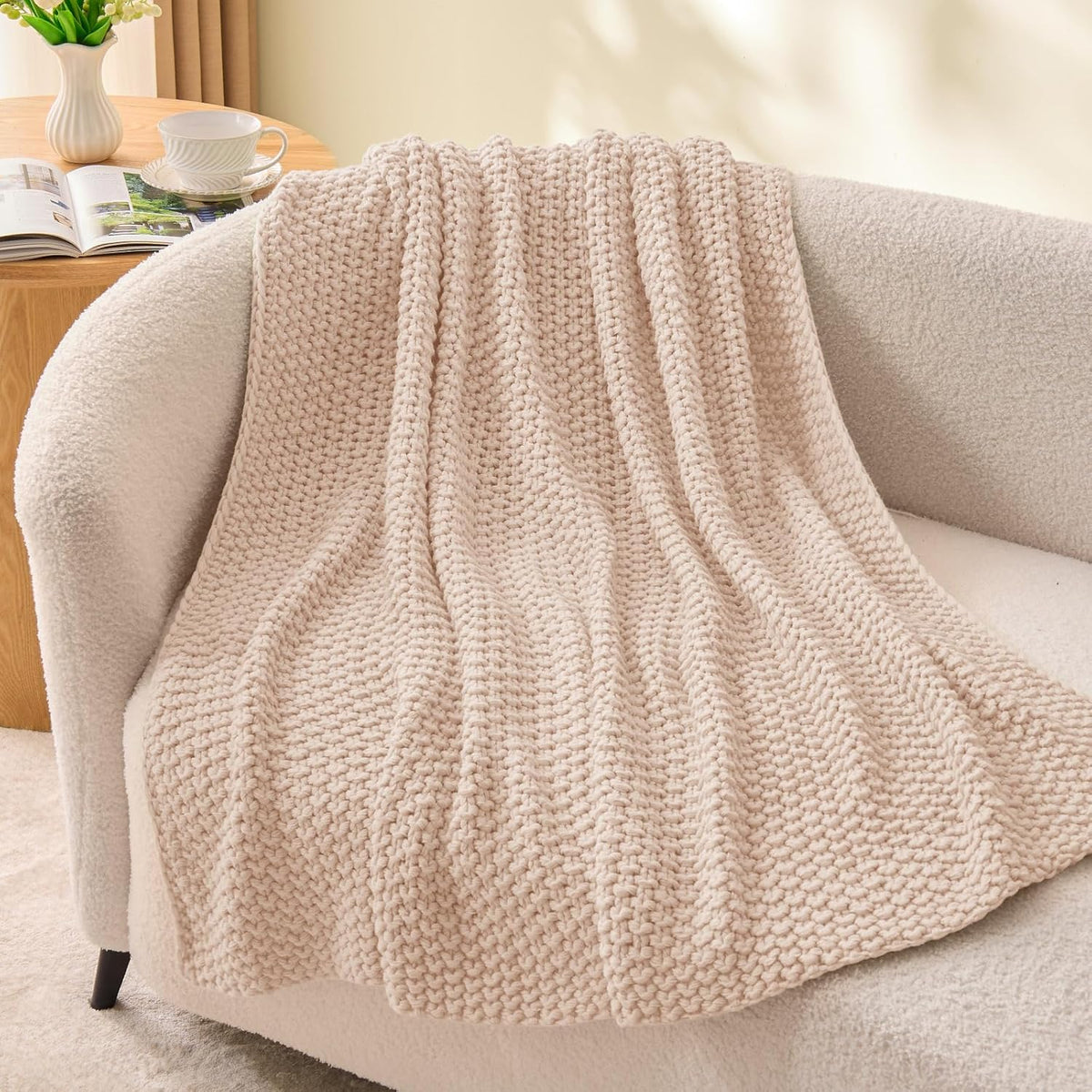 Boho Chunky Cable Knit Throw Blanket – Cozy Woven Texture