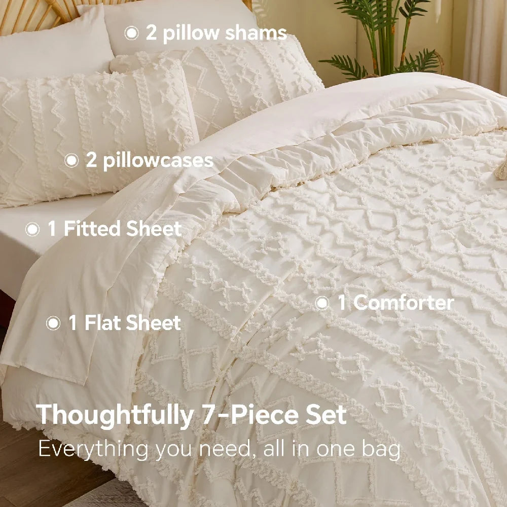 Boho Tufted Comforter Set – 7-Piece Farmhouse Embroidery Bedding