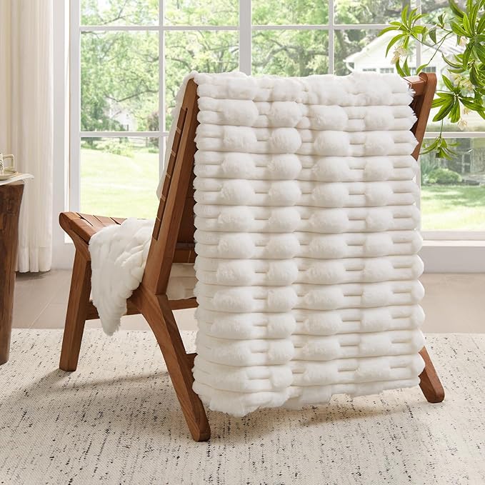 Textured Ribbed Faux Fur Throw Blanket – Striped Plush Texture