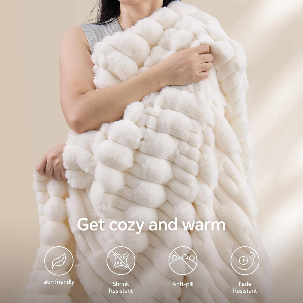 Textured Ribbed Faux Fur Throw Blanket – Striped Plush Texture