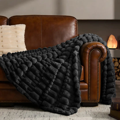 Textured Ribbed Faux Fur Throw Blanket – Striped Plush Texture