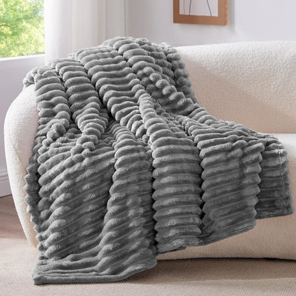 Textured Ribbed Fleece Throw Blanket – 300GSM Striped Plush