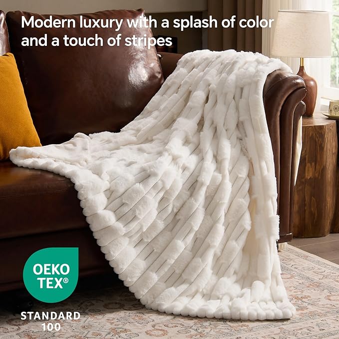 Textured Ribbed Faux Fur Throw Blanket – Striped Plush Texture