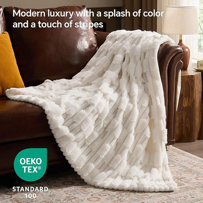 Textured Ribbed Faux Fur Throw Blanket – Striped Plush Texture