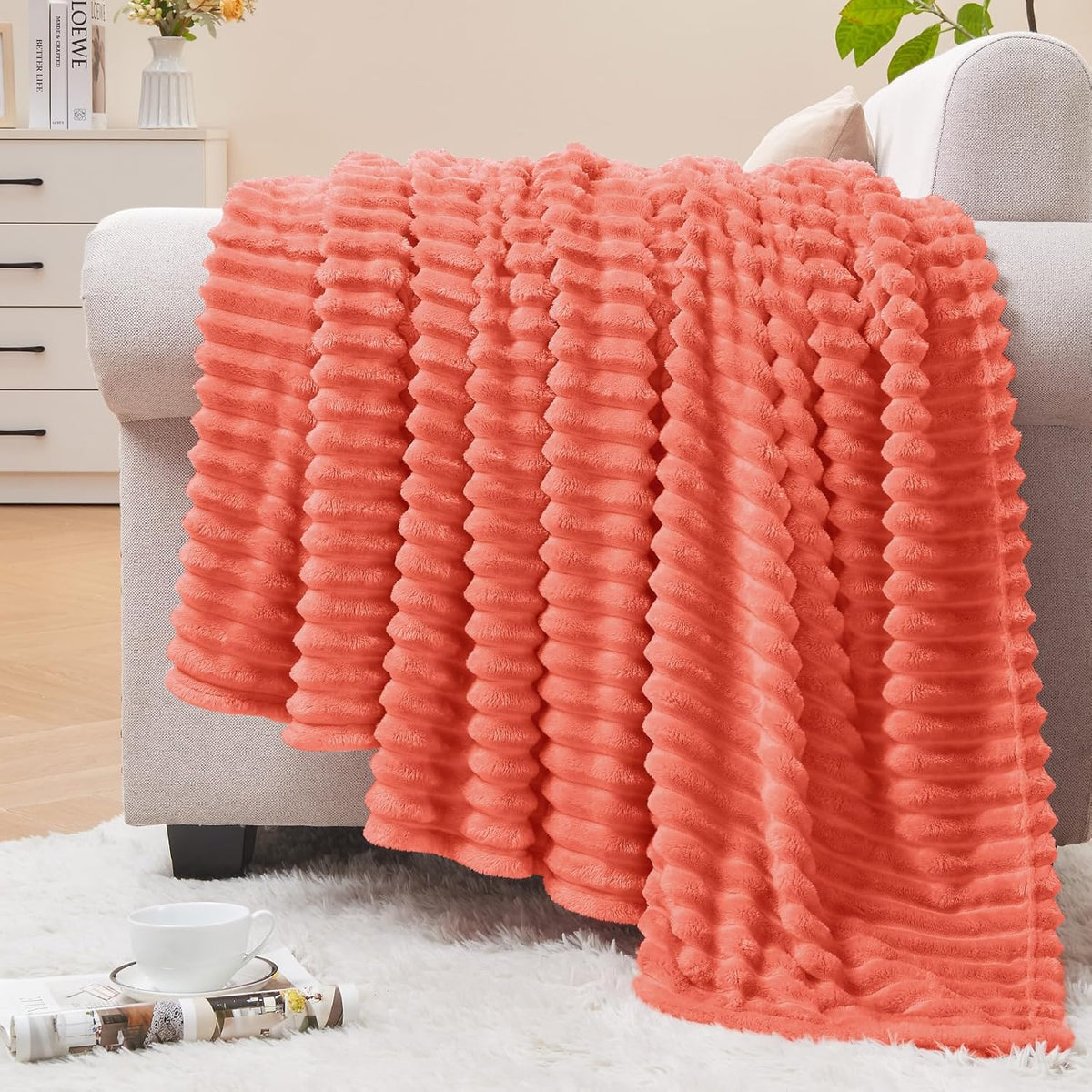Textured Ribbed Jacquard Fleece Throw Blanket – 3D Plush