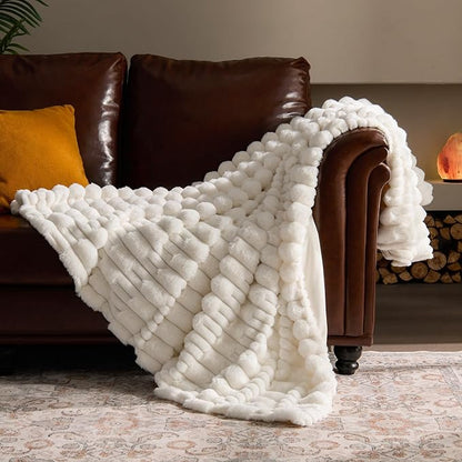 Textured Ribbed Faux Fur Throw Blanket – Striped Plush Texture