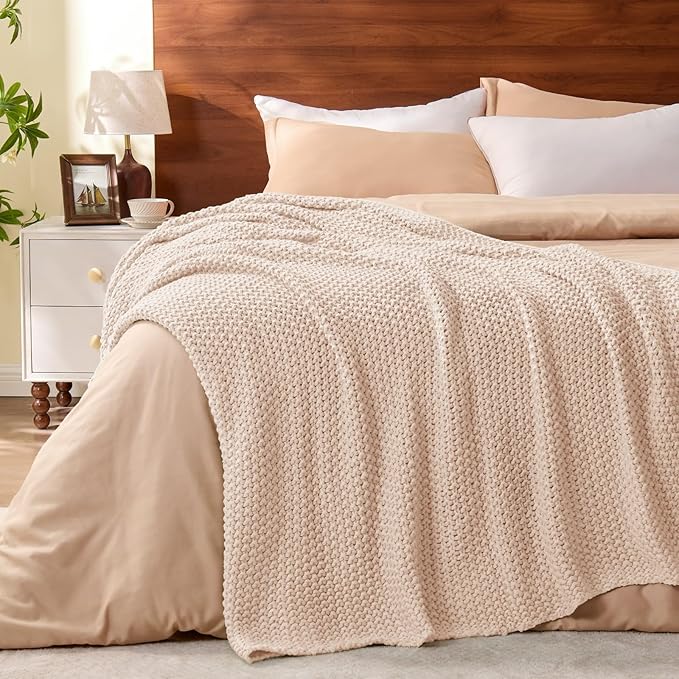 Boho Chunky Cable Knit Throw Blanket – Cozy Woven Texture