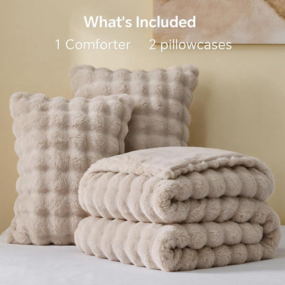 Faux Fur Comforter Set – Luxury Bubble Plush with 450GSM Down Alternative, Thick Winter Bedding