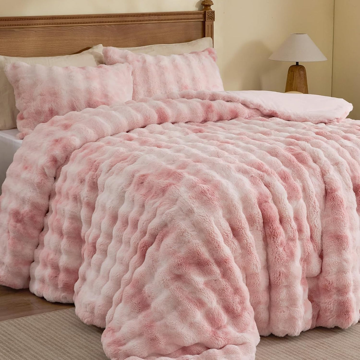 Faux Fur Comforter Set – Luxury Bubble Plush with 450GSM Down Alternative, Thick Winter Bedding